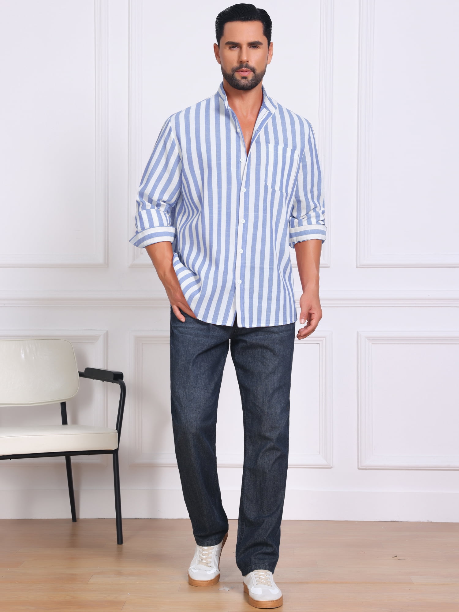 DARING DIVA Men's Striped Stand Collar Long Sleeve Button Down Shirt 2XL Light Blue