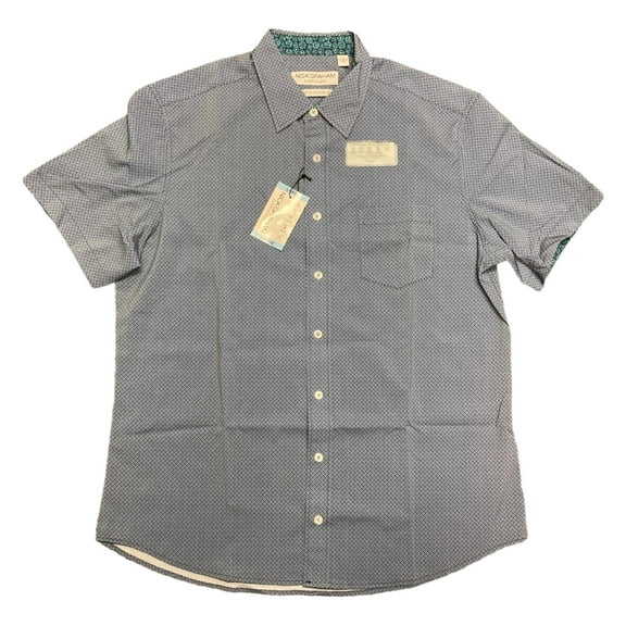 Nick Graham Men's Performance Stretch Printed Woven Short Sleeve Button Up Shirt (Blue, L)