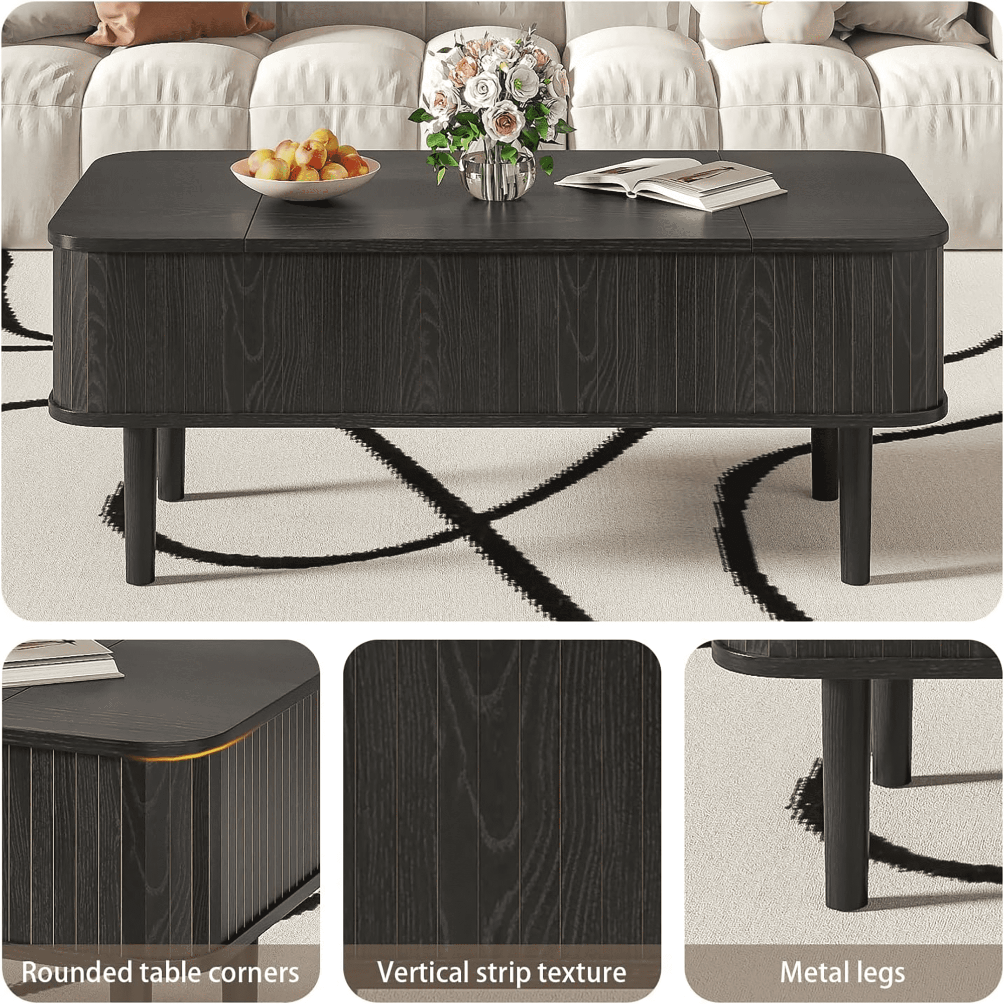 Lift Top Coffee Table with Storage, Mid Century Modern Coffee Table for Living Room, Small, Black