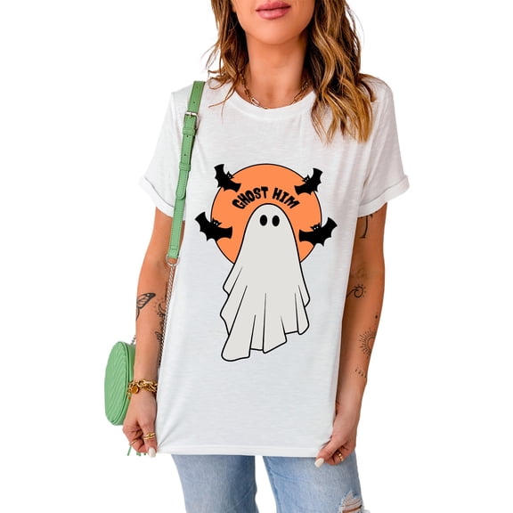 Women's White Halloween Graphic Crewneck T-Shirt - GHOST HIM Bat Design | [ZhiHiMeRi] | (US 20-22)2XL
