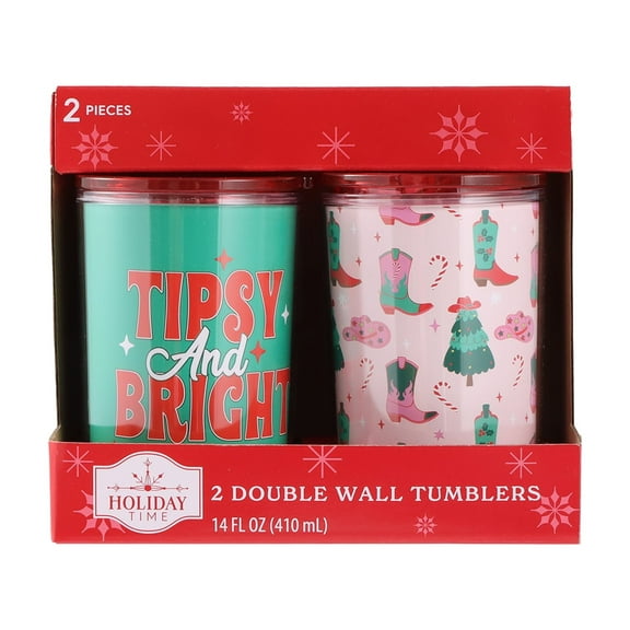 Plastic Double-Walled Christmas Tumblers with Lids, Green/Red/Pink, 14 fl oz, 2 Count, by Holiday Time