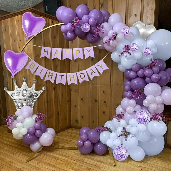 Purple Balloon Lilac Violet White Silver Metallic Confetti Latex Balloons Garland 100 pcs with 16ft Tape Stripe & Glue Dots and Happy Birthday Banner for Girls Wedding Baby Shower Party Decorations