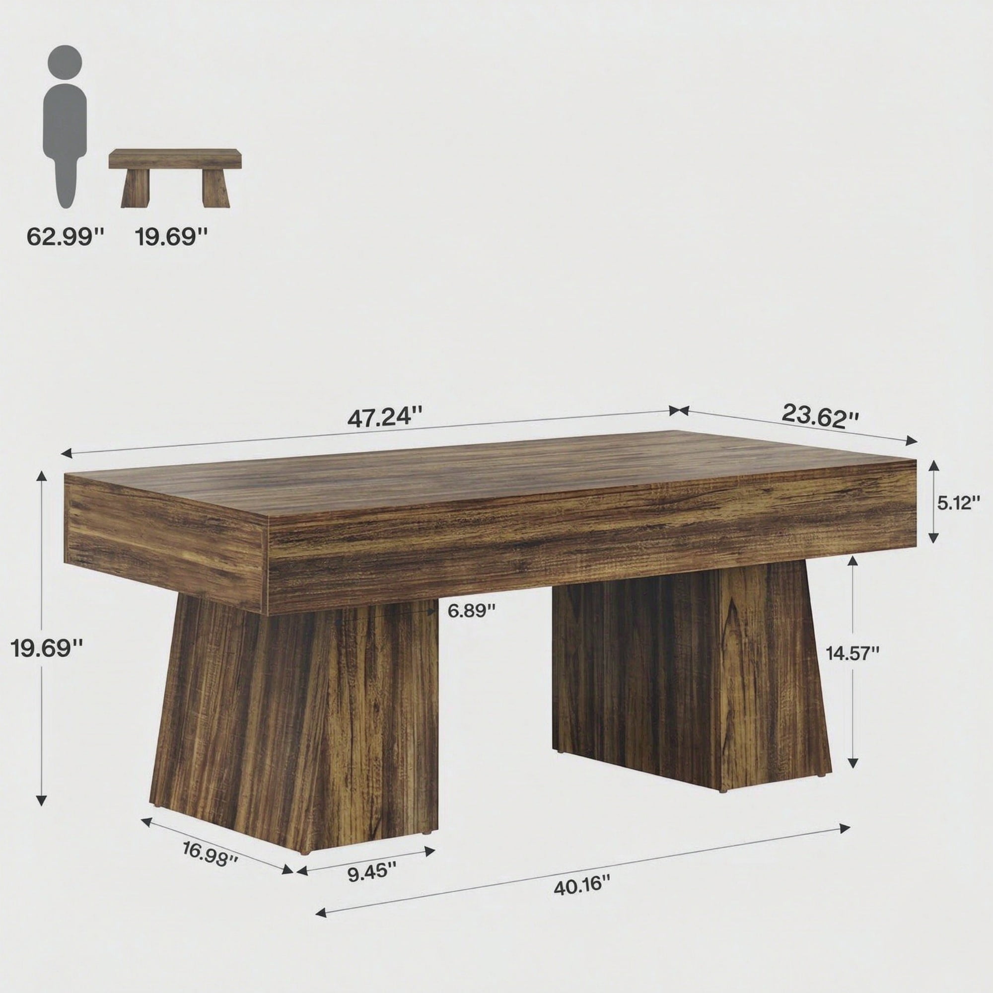 Rustic Farmhouse Coffee Table with Chunky Base, 52.76 in L x 25.98 in W x 4.33 in H, 54.90 lb