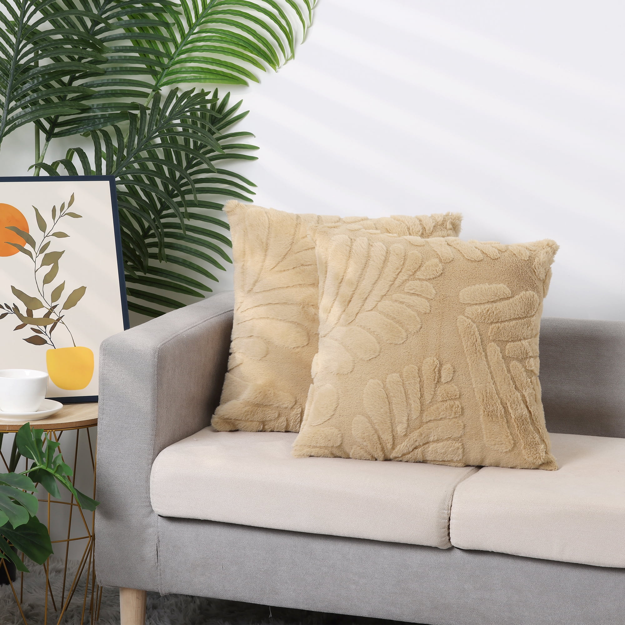 Unique Bargains 4 Pcs Basho Leaf Pattern Cushion Covers Solid Fluffy Plush Pillow Covers Khaki/Grey 18" x 18"