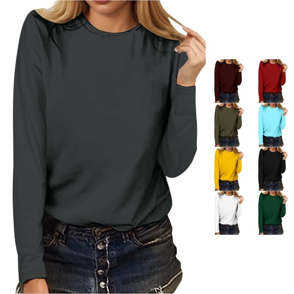 LiuXxxx Women's Tee Round Neck Long Sleeve Solid Casual Dark Gray S