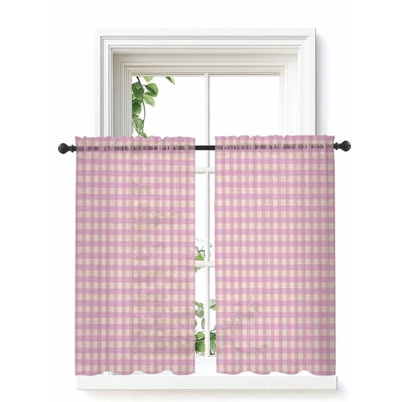 Pink Curtains 45 Inch Length, Sheer Curtains for Bedroom Living Room Window Grid Checkered Plaid Gingham Lattice Trellis Rod Pocket Voile Drapes Kitchen Curtains Small Half Window 42"x45" 2 Panels