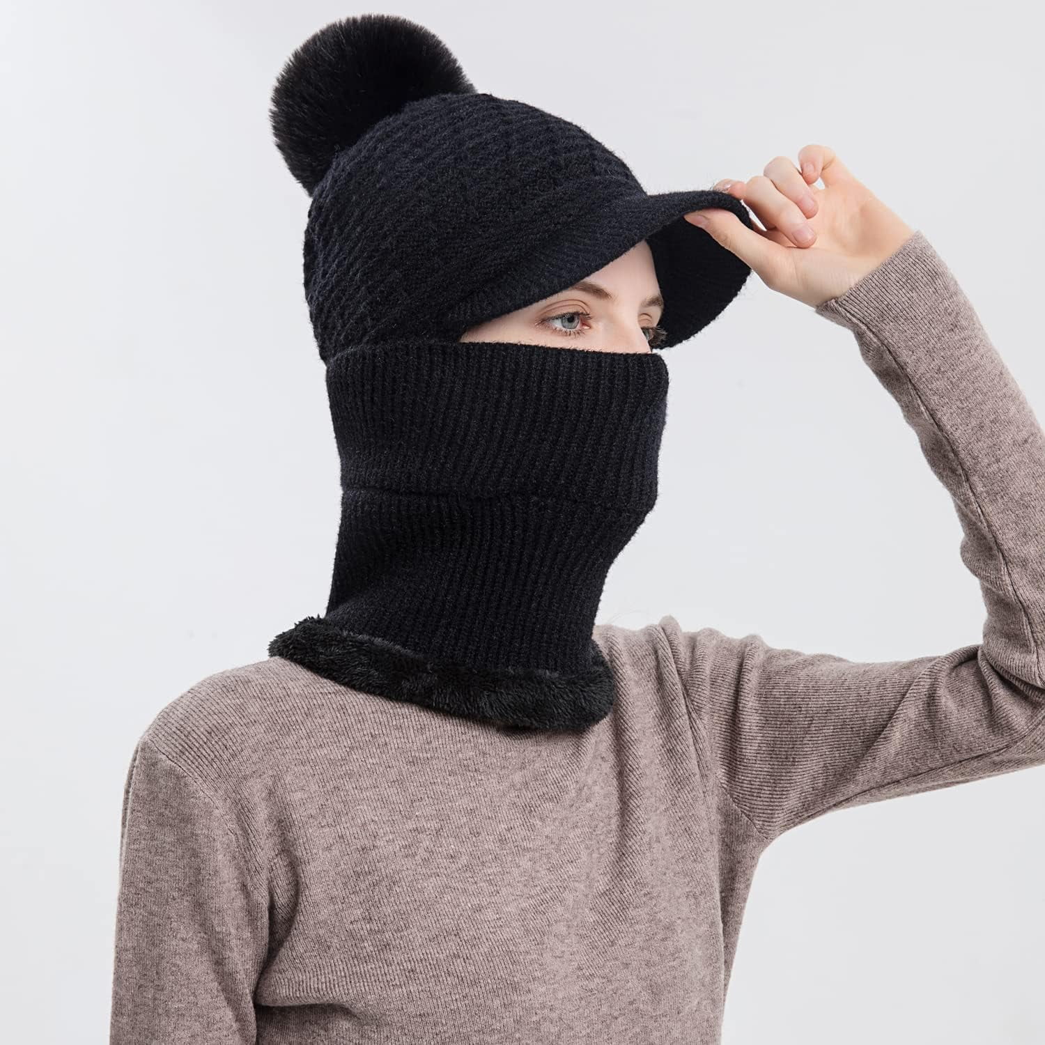 Zhengup Women Balaclava Visor One-Piece Skull Beanie Hat Neck Circle Scarf Ski Snow Winter Knit Fleece Cap Cold Weather