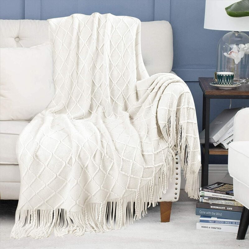 Bocan Luxury Decorative Throw Blanket Extra Soft Knitted Blanket Covers Solid Color Plush Comfort Throws For Couch Sofa Bed White 130 180cm