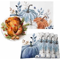 Fall Thanksgiving Placemats Watercolor Pumpkin Place Mats for Dining Room Dinner Table Autumn Blue Leaves Washable Table Mats Kitchen Decorations Set of 6