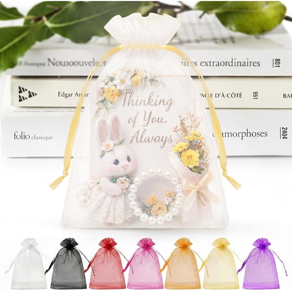 100 Pack Organza Bags 5 x 7 in White Small Mesh Gift Bags with Gold Drawstring for Wedding Little Goodie Bag for Candy Jewelry Soap Makeup, Treat Sachetfor Baby Shower Graduation