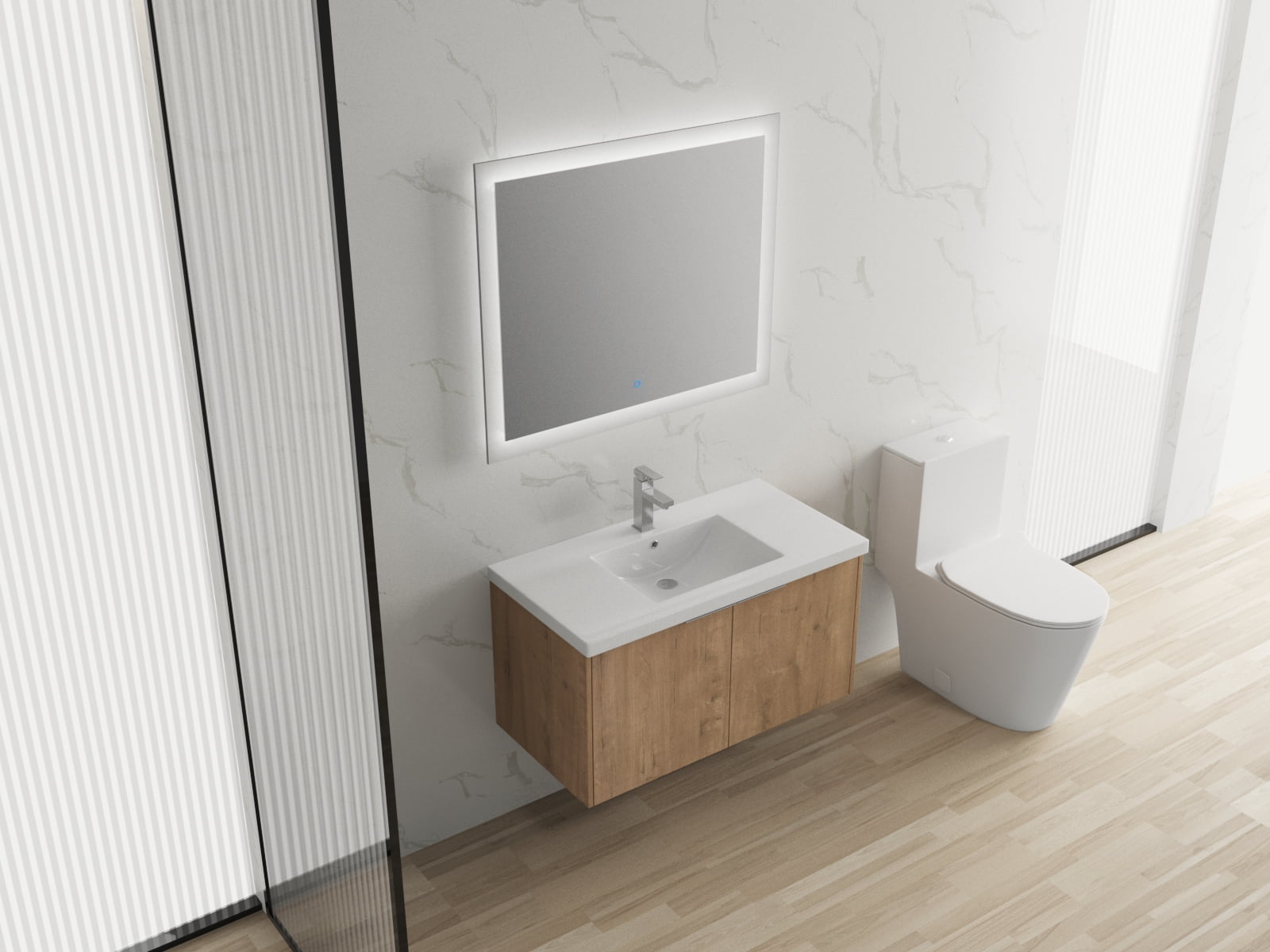 Miniyam 36'' Bathroom Vanity Sink Combo, Wall Mounted Cabinet Set w/White Resin Basin Sink Top for Small Space, Oak