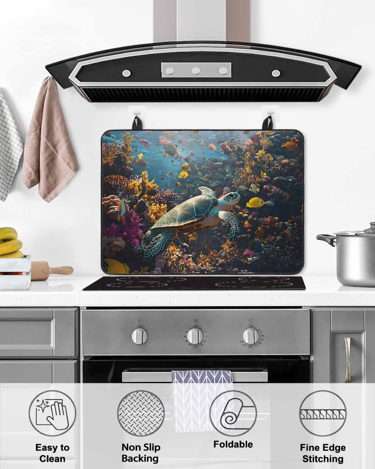 nqOlkjepod Large Induction Cooktop Protector Mat 36"x21", Turtle Stove Top Covers for Electric Stove, Ocean Coral Sea Fish Modern Summer Animal Stove Burner Cover Mats, Glass Top Stove Cover