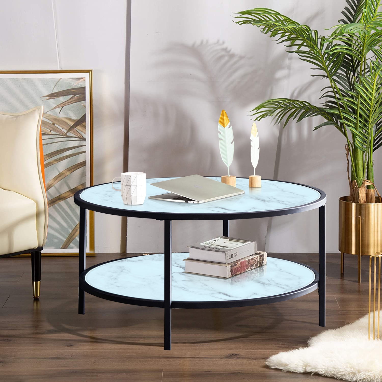 Sesslife 35 inches Round Coffee Table, 2Tier Glass Round Coffee Table