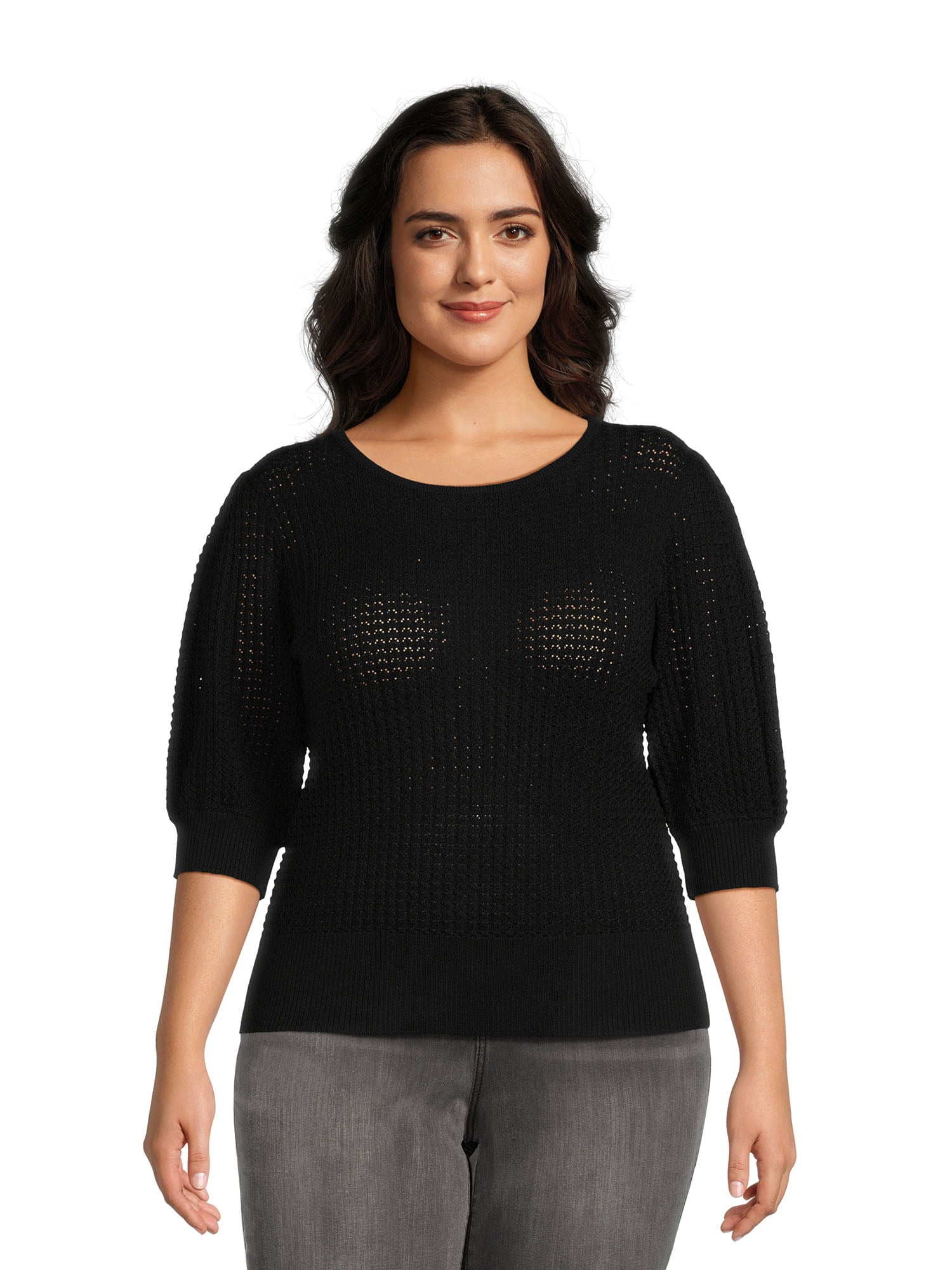 Terra & Sky Women's Plus Size Textured Sweater with Puff Sleeves
