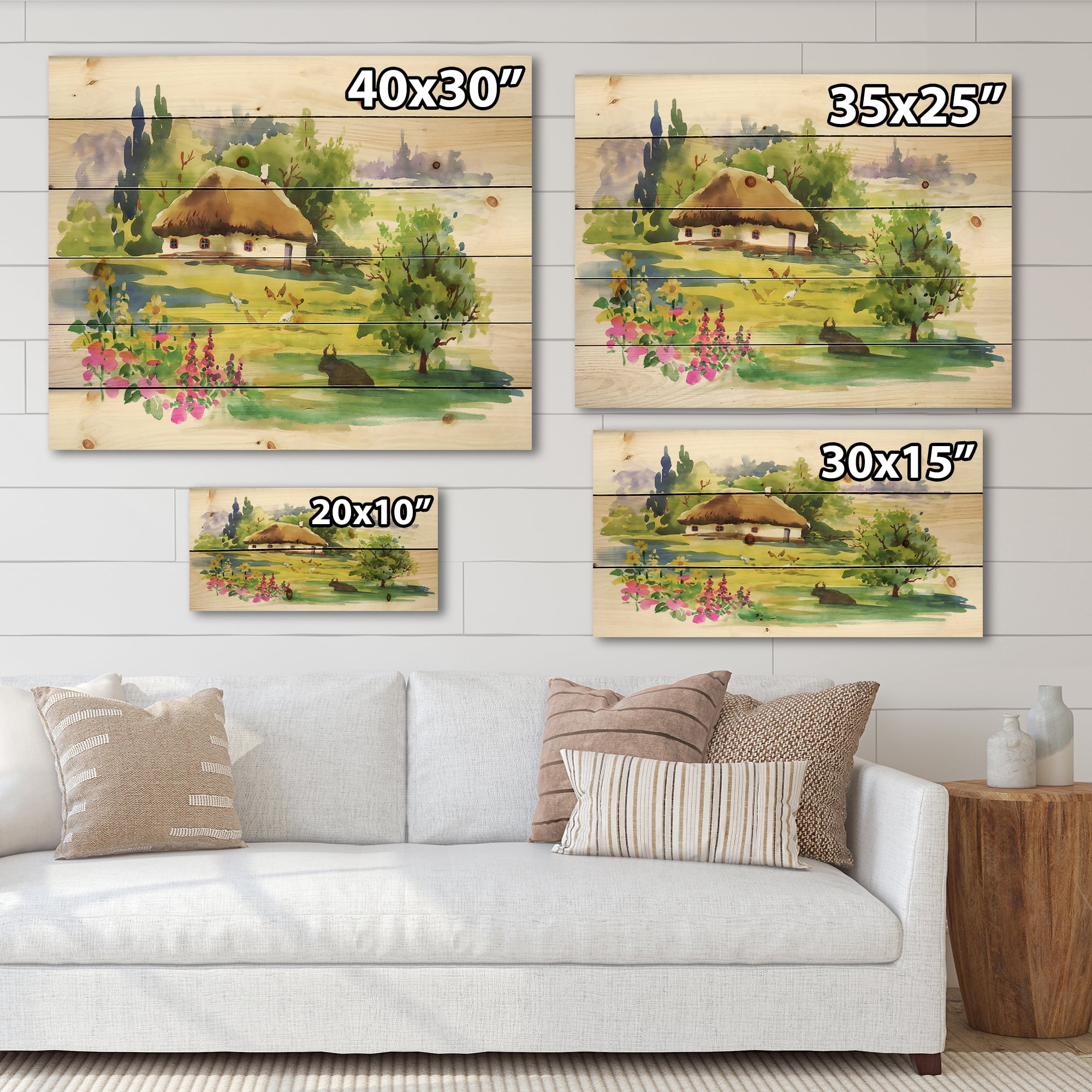 Designart 'Blossoming Greenlands And A Rural House' Traditional Print on Natural Pine Wood