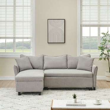 Miekor Furniture 80-Inch Gray Corduroy L-Shaped Sofa Comes With Two Small Throw Pillows That Can Be Converted Into A Sofa Bed For Storage B5A4969