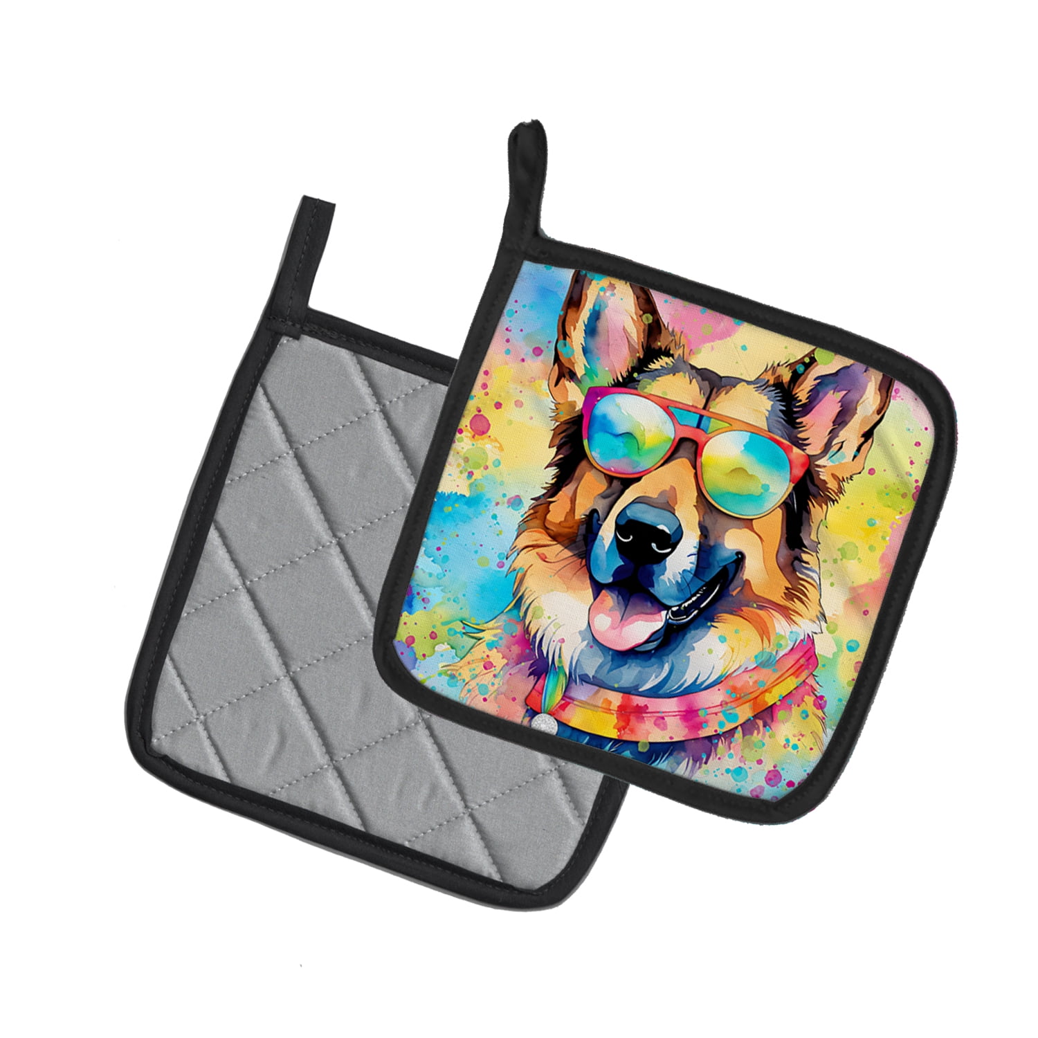 German Shepherd Hippie Dawg Pair of Pot Holders 7.5 in x 7.5 in