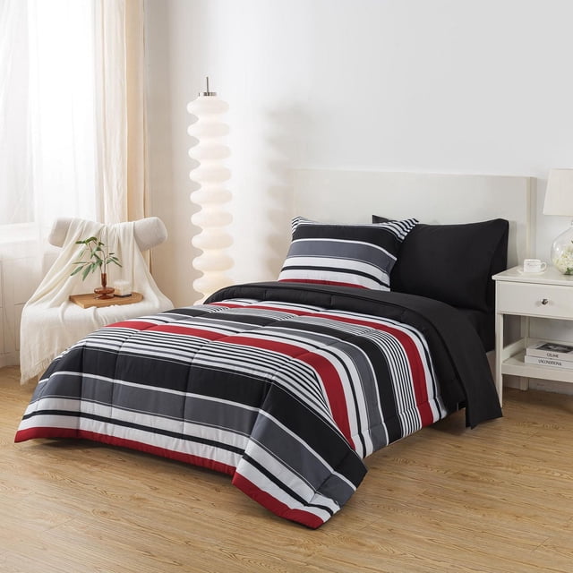 Mainstays All in One Reversible Comforter and Sheet set- 5 Piece, Twin, Red and Black Stripe