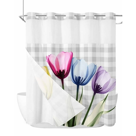 No Hook Cloth Fabric Shower Curtain with Snap in Liner, Colorful Tulip Waterproof Shower Curtains Set with See Through Top Window, Farmhouse Elegant Flowers Gray Check Bath Curtains Shower 66"x72"