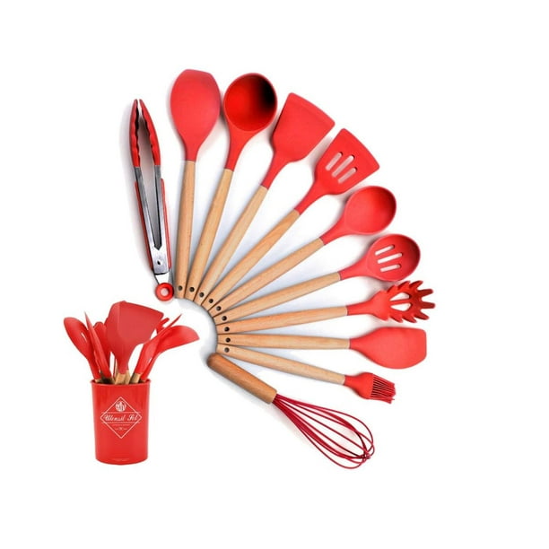 Utensilios de Cocina OKAERI Set de Silicona y Madera Regalo Rojo