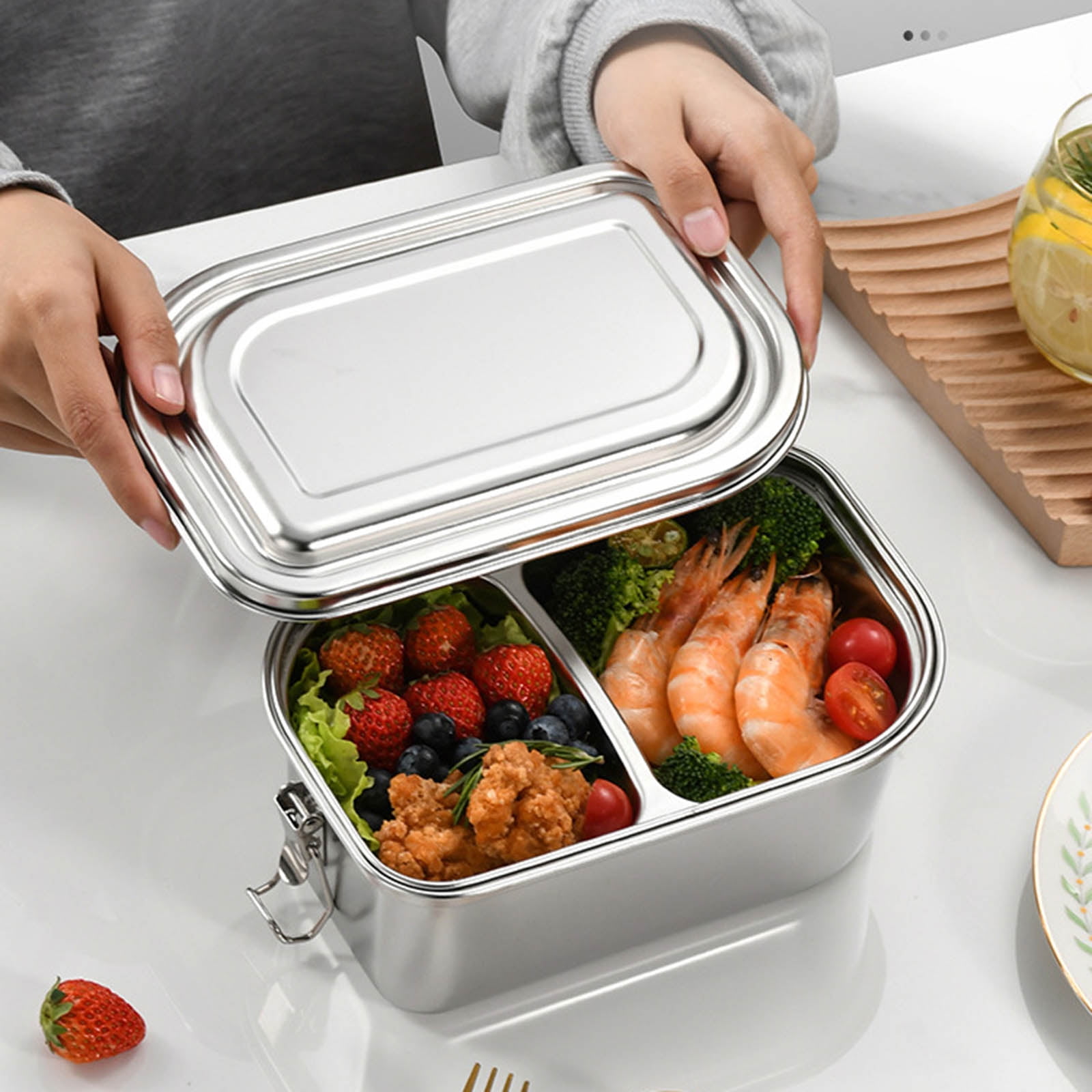 RABBITH Double-Layer Lunch Box Sealed And Leak-Proof Bento Box Stainless Steel Rectangular Food Storage Container Easy to Clean