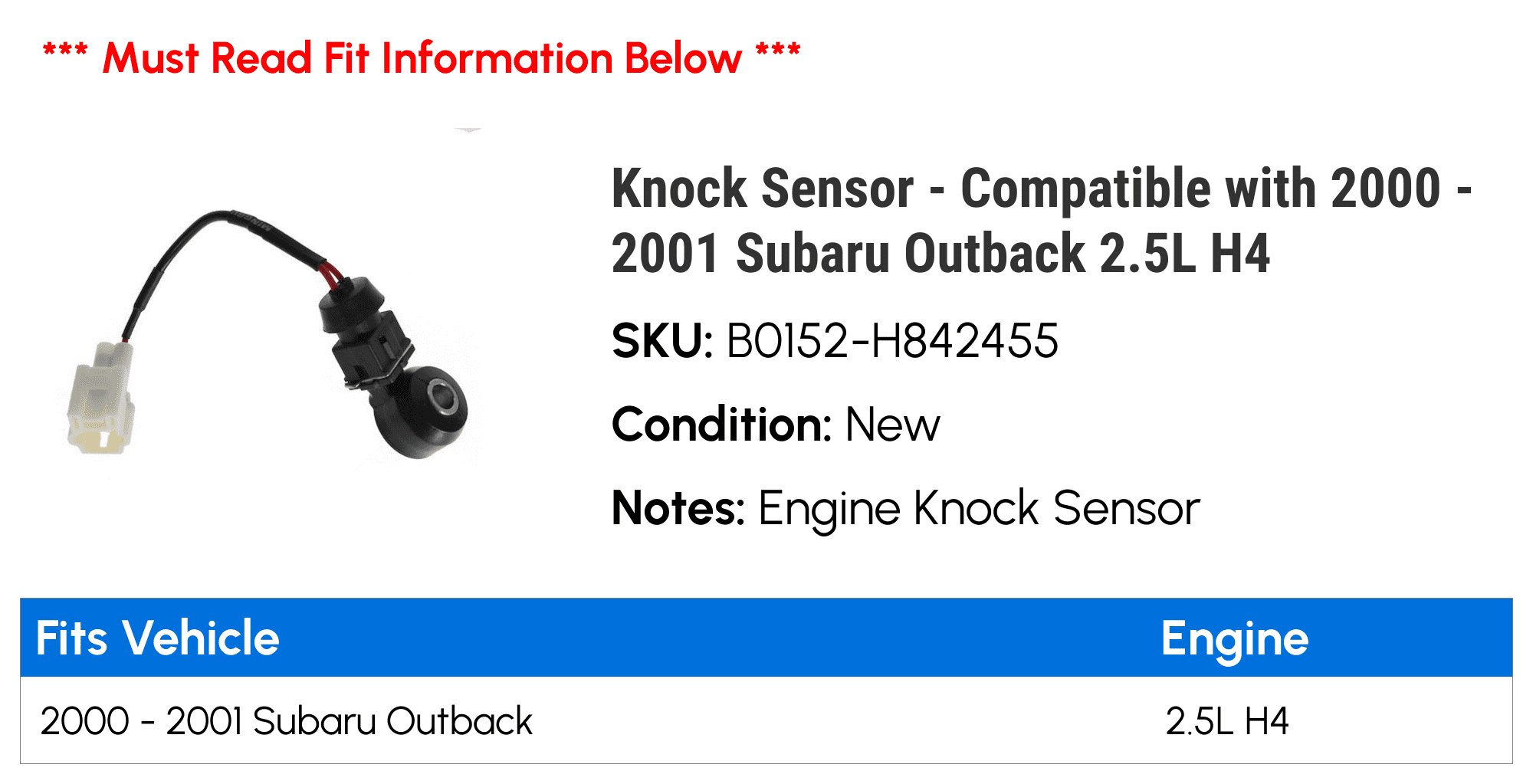 Knock Sensor - Compatible with 2000 - 2001 Subaru Outback 2.5L H4