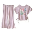 thumbnail image 2 of Toddler Girl Outfits Size 3-4Y Short Sleeve Crew Neck Top with Side Ties and Wide Leg Pants 2 Piece Girls Clothes, 2 of 3