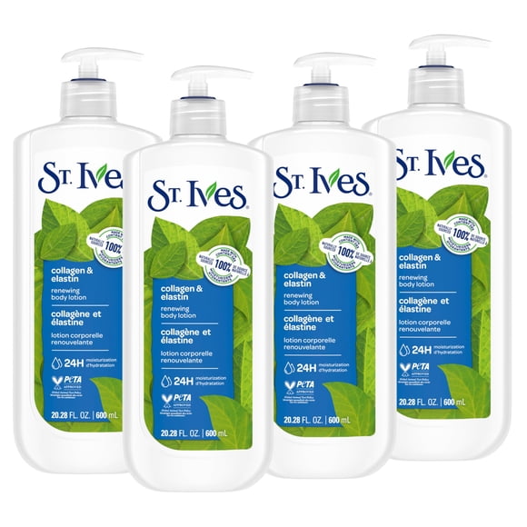 St. Ives Renewing Hand & Body Lotion for Women with Pump, Daily Moisturizer Collagen Elastin for Dry Skin, Made with 100% Natural Moisturizers, 21 fl oz, 4 Pack