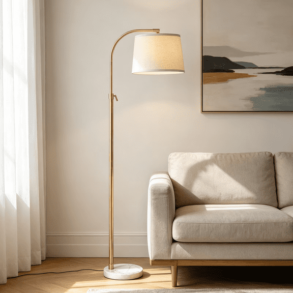 RORIA Modern Gold Floor Lamps,54-64” Height Adjustable Curved Standing Lamp,With a Linen Shade, for Bedrooms, Living Room, and Offices