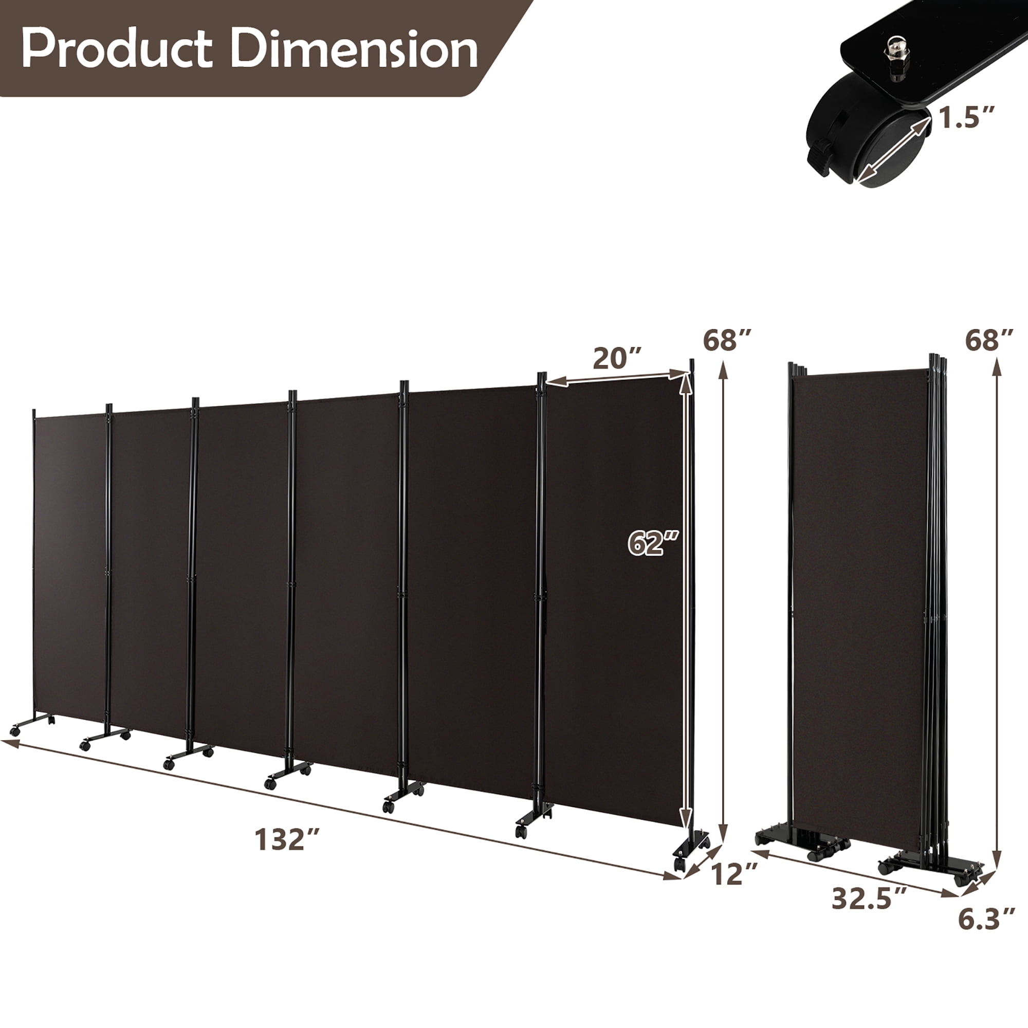 Costway 6-Panel Folding Room Divider 6FT Rolling Privacy Screen with Lockable Wheels Brown