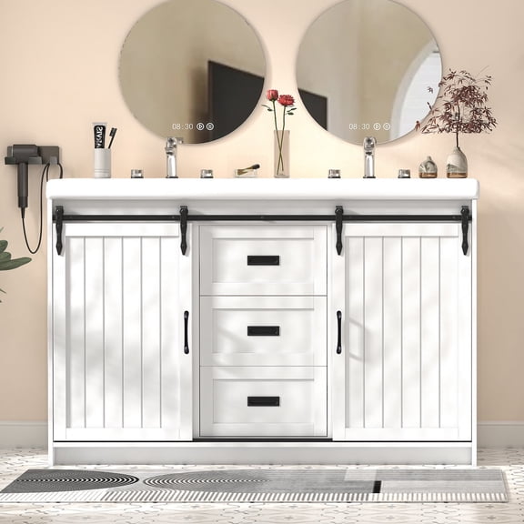 Caulitar Double Sink Bathroom Vanity, Bathroom Storage Cabinet Ceramic Basin Vanity Set, White