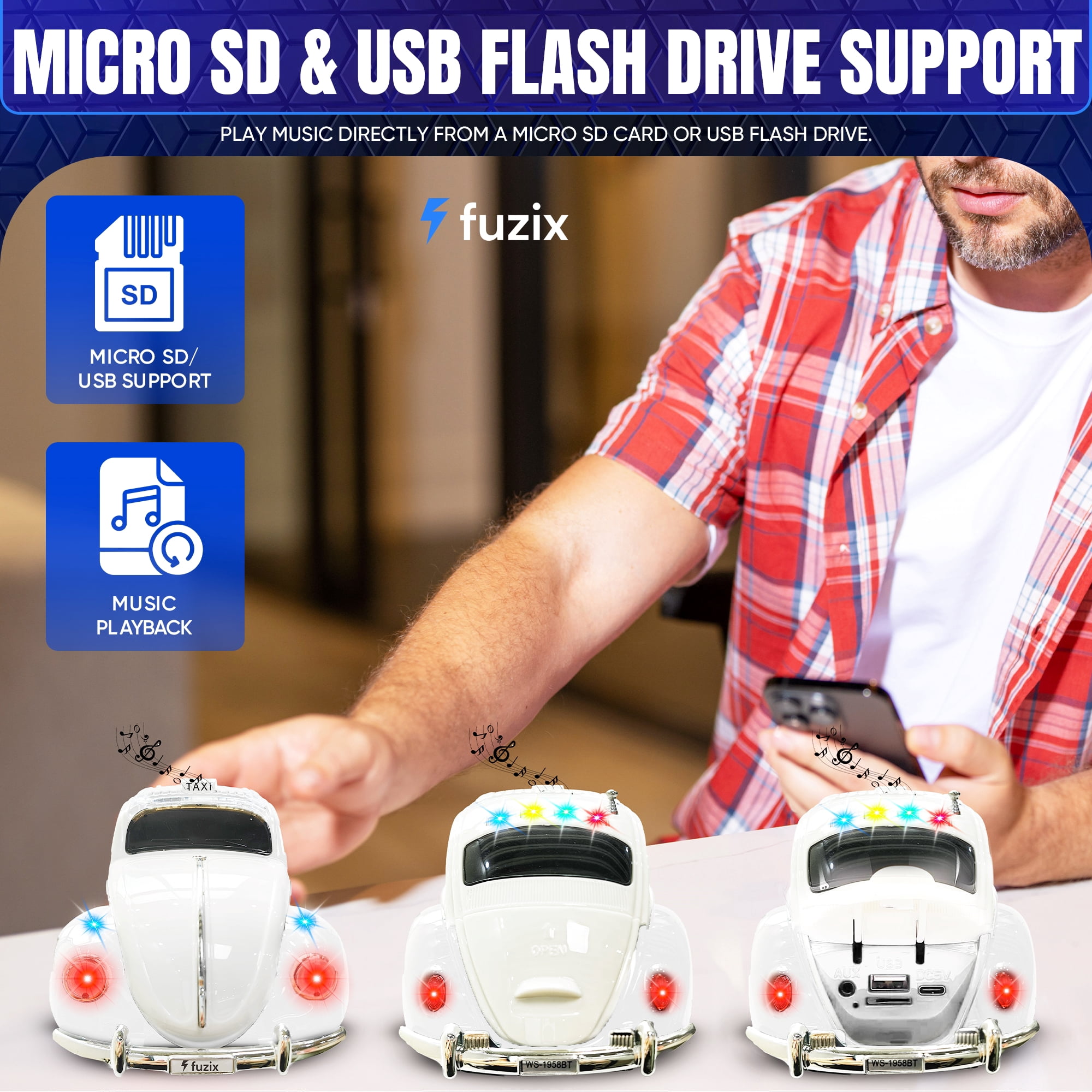 Fuzix WS-1958 Car Bluetooth Portable Speaker with LED AUX USB FM Rechargeable