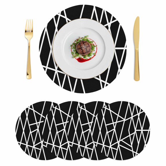 Black Geometric Round 13 Inch Placemats Set of 4, Abstract Stripes Modern Simple HeatResistant Non Slip Place Mats for Dining Table, Wipeable Braided Kitchen Table Mats for Housewarming