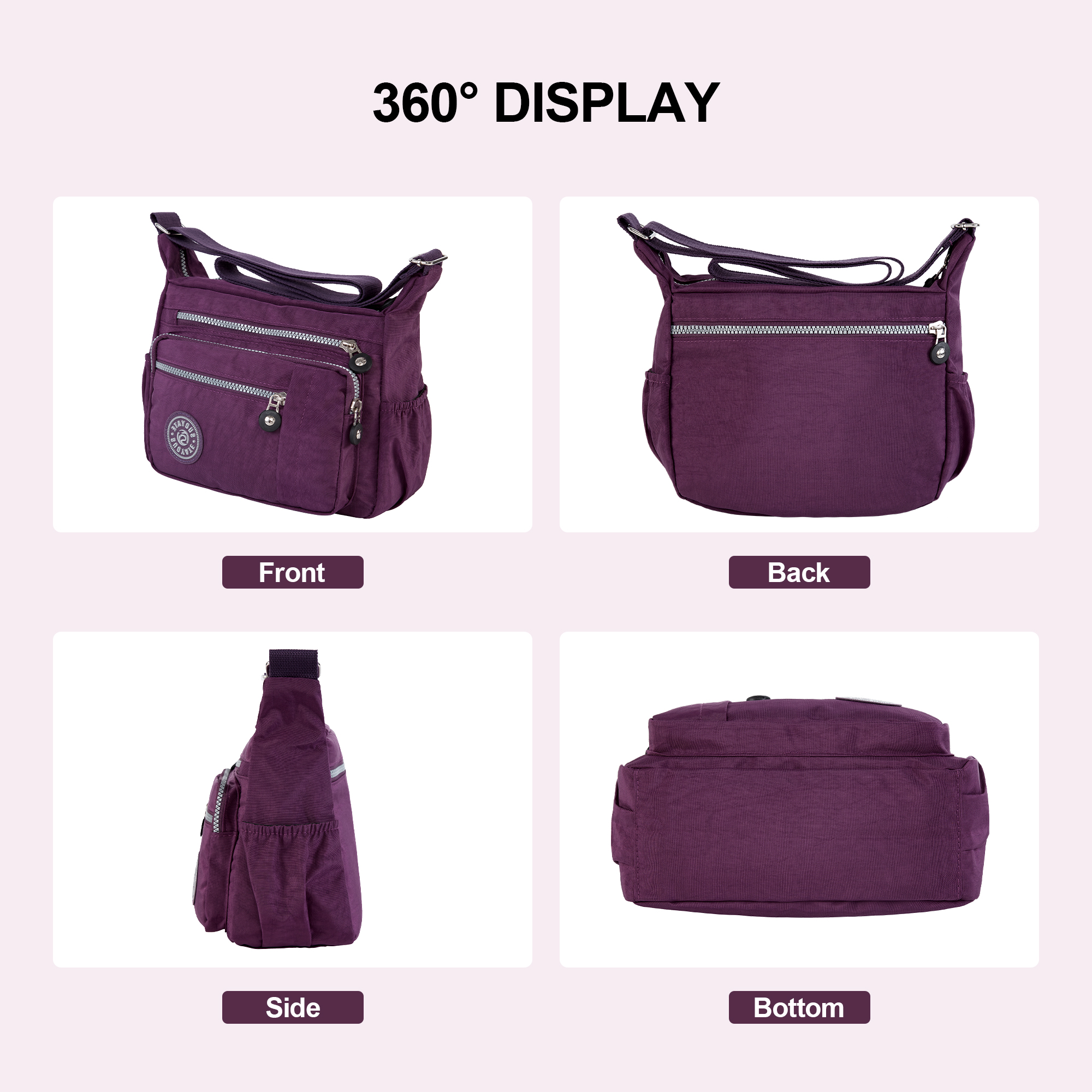 Vbiger Women's Purple Nylon Crossbody Bag with Multiple Pockets photo 4