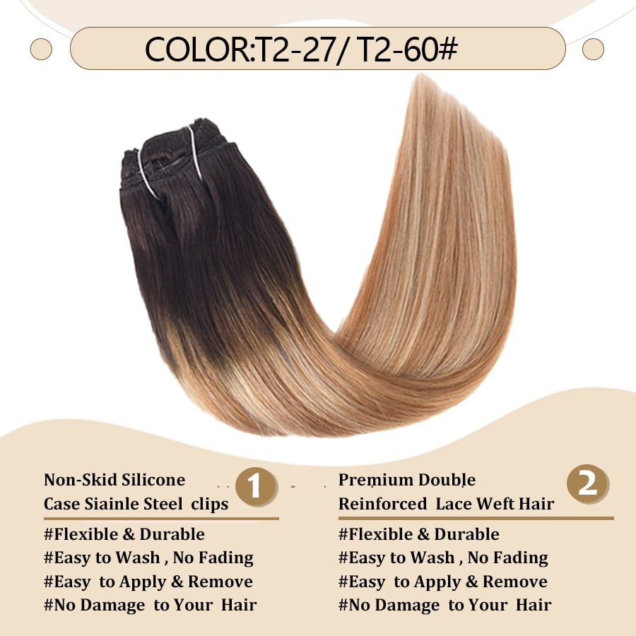 Vlasy Straight Clip In  Hair Extensions 16inches Real Human Hair 7Pcs Clip In T2-27+T2-60# Human Hair Extensions