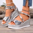 thumbnail image 3 of Shiny Metallic Platform Wedge Sandals for Women 2026 Summer Trendy Pu Leather Open Toe Ankle Strap Dressy Sandals, 3 of 9
