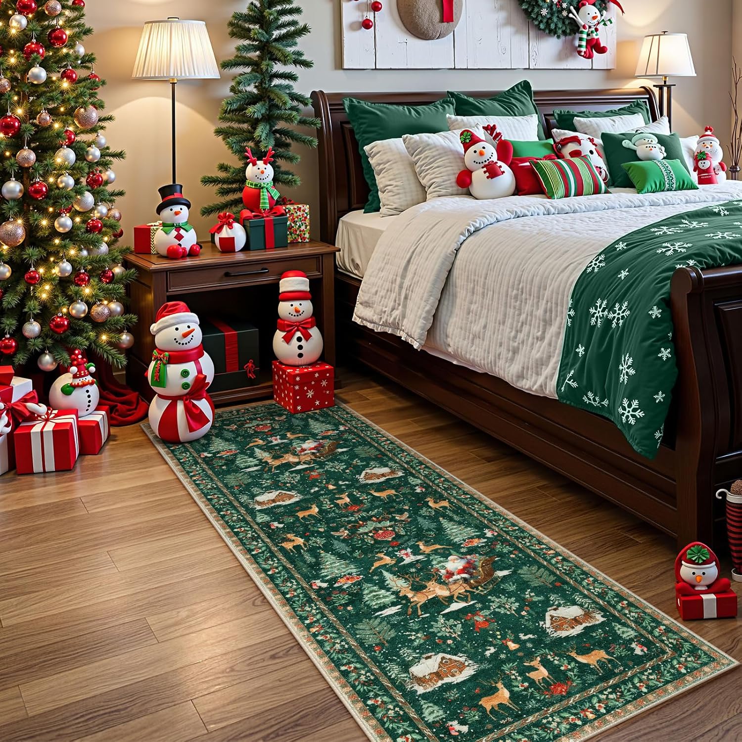 Lahome Christmas Rug,2'x6'Christmas Runner Rug,Holiday Machine Washable Non Slip Christmas Xmas Decoration Kitchen Rug Mat,Indoor Christmas Carpets for Living Room,Snowflake Rug,Green