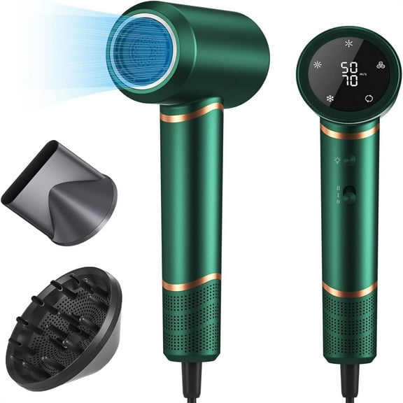 Hair Dryer Negative Ionic Blow Dryer for Fast Drying,Low Noise,Thermo Control Hair Dryer 2 Speed ​​and 3 Heat Settings,Cold Air Button with 1 Diffuser 110000 RPM High Speed Brushless Motor (Green)