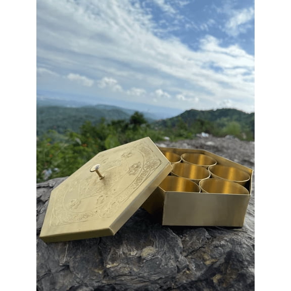 NamasteHimalayas Hexagon Brass Spice Box – Hand-Carved Vintage Storage | Masala Box