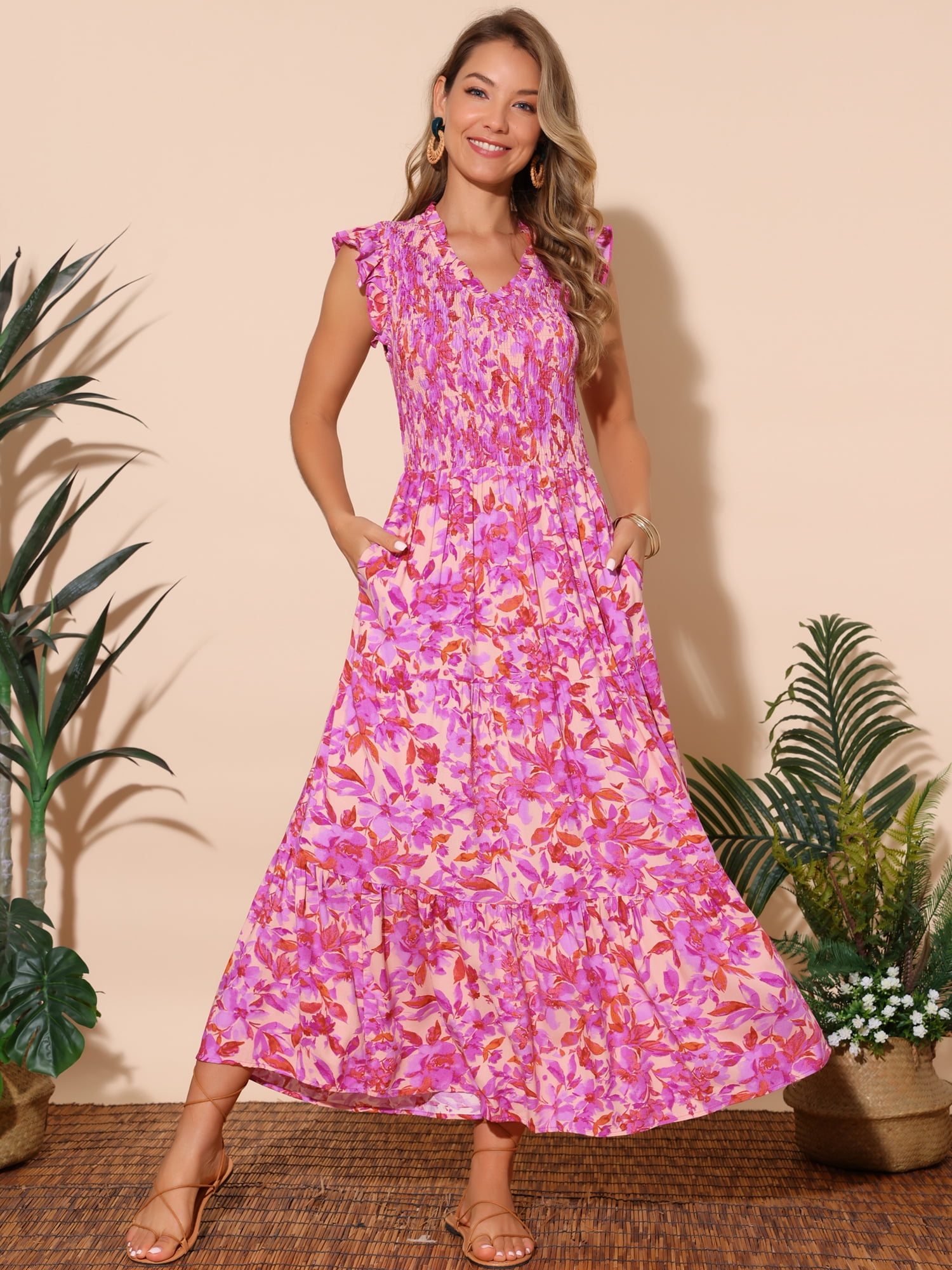 DARING DIVA V Neck Smocked Ruffle Tiered Maxi Dress L Hot Pink