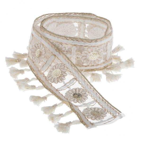 2x Macrame borla flecos ribete cinta de coser adornos pancarta con lentejuelas para decoración para hogar boho, ropa, disfraces, Hugo ribete de flecos para coser
