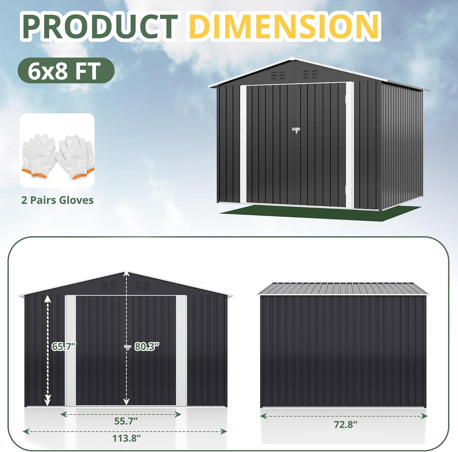 MUCHANT 6'x8' Outdoor Metal Storage Shed with Updated Frame Structure and Lockable Doors, Steel Garden Tool Sheds for Backyard, Patio, Lawn, White