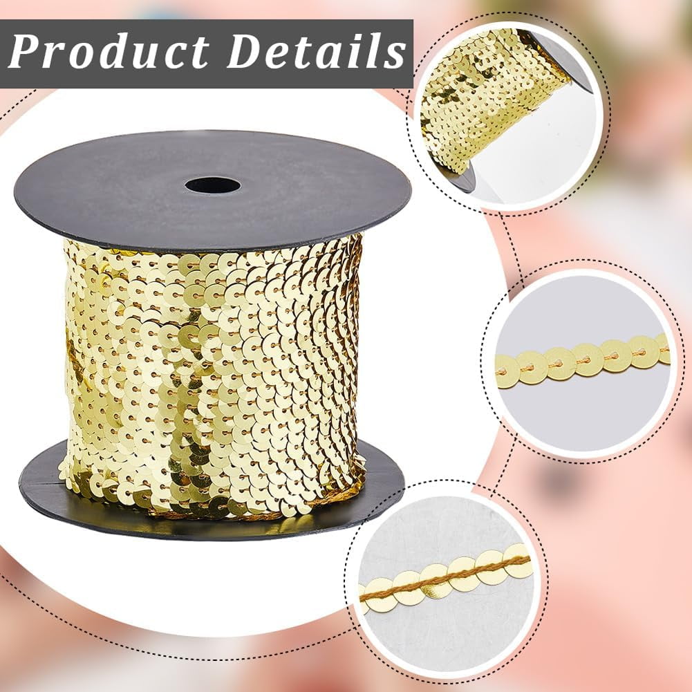 2 Rolls 200 Yards Gold Sequin Trim Sequins Beaded Strip Trimmig Ribbon Flat Spangle Metallic Glitter Paillette String Bulk Roll for Clothes Dresses Costume Craft Diy Home Decor Yellow DIY