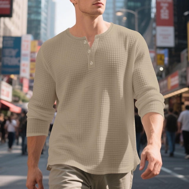 Blusas y camisas de manga larga con cuello redondo y degradado para hombre, blusas casuales con botones y cuello redondo, blusas de poliéster para hombre