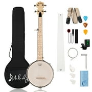 Mulucky 5 String Banjo Mini - 28 Inch Travel Banjo Sapele Body Closed Solid Back Beginner Kit With Gig Bag Tuner Picks Strings Strap - B805