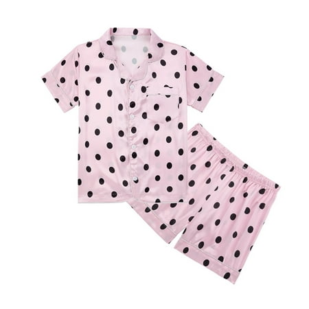 

Toddlers And Baby Girls Sleepwears Polke Dots Printed Turn-Down Collar Short Sleeve Spring Summer Outfits Pajamas Clothes Comfortable Soft Cozy Homewear