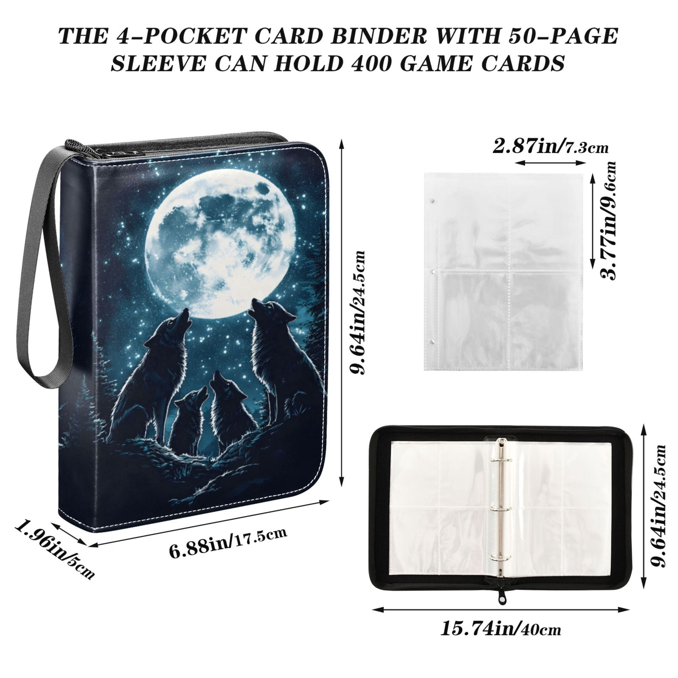 Trading Card Binder Album 400 Pockets 50 Removable 4-Pocket Pages Waterproof Howling Wolves and Moon