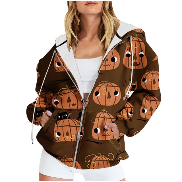 Chandails à Capuche Zippés pour Femmes Rabais de 50 % en Liquidation Mode Halloween Imprimé Hauts à Manches Longues Poches à Capuche