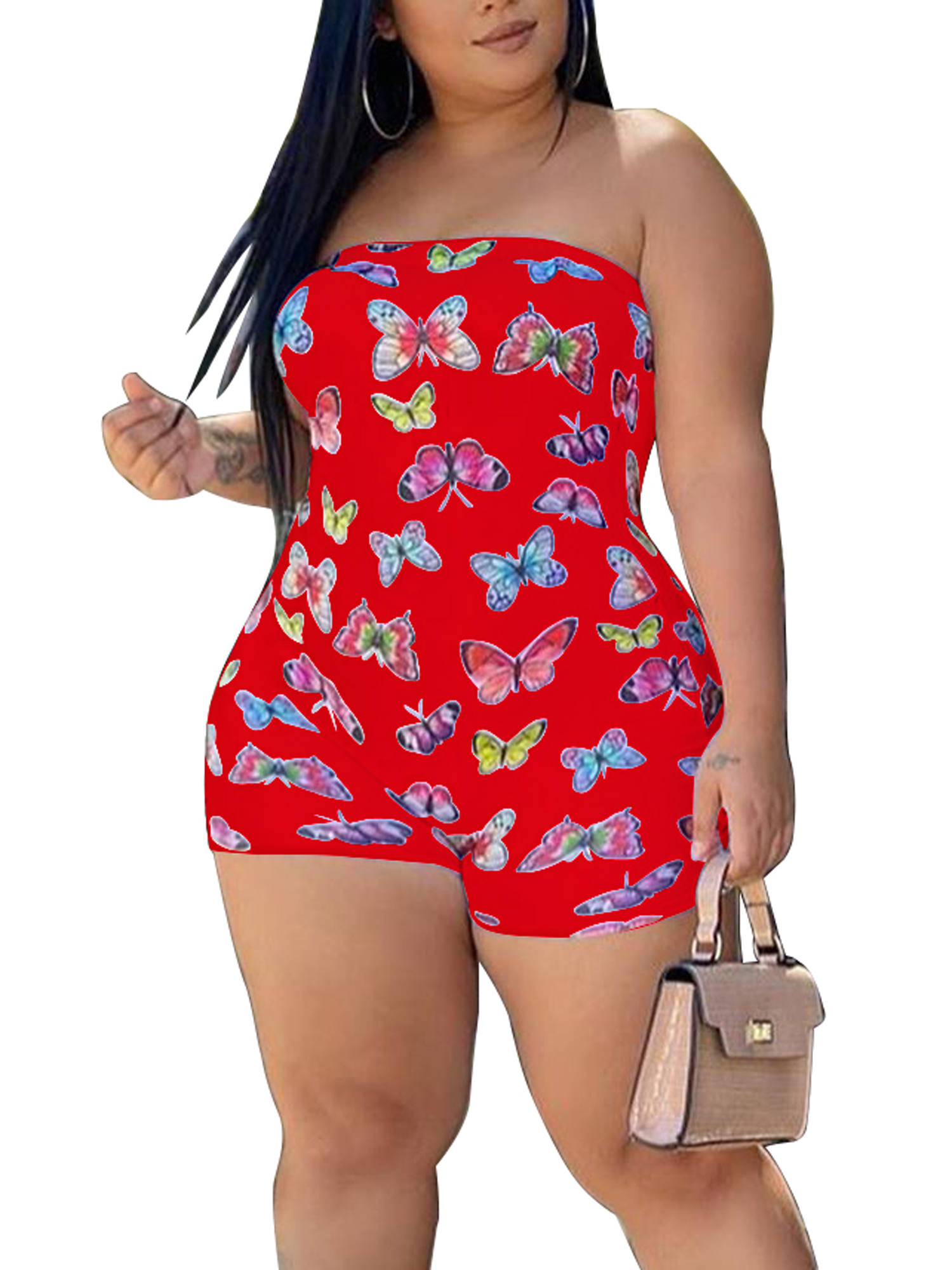 Women Butterfly Print Strapless Rompers 
