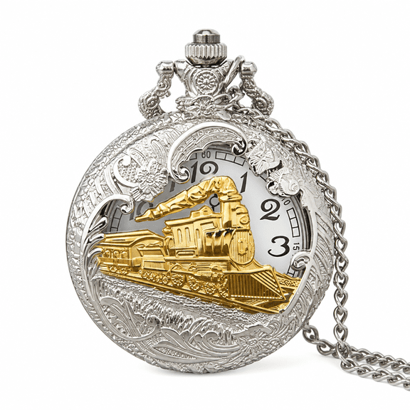 AURENIX Vintage Bronze Steam Train Men's Quartz Pocket Watch with Chain